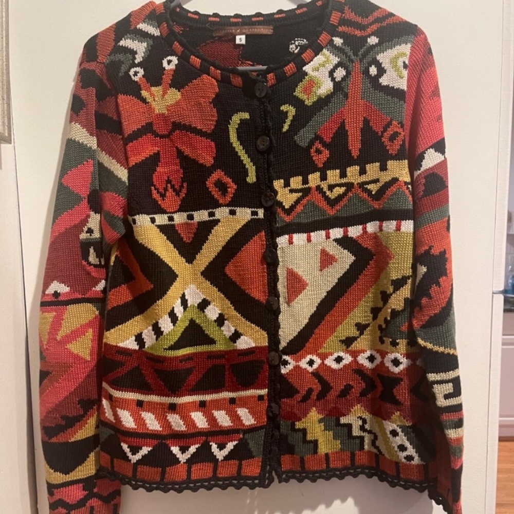 Peruvian Connection Vivid Art Insect Aztec Cardigan Sweater 100% Pima Cotton S